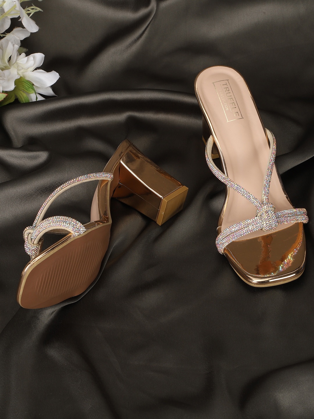 

Truffle Collection Square Toe Embellished Block Heels, Rose gold