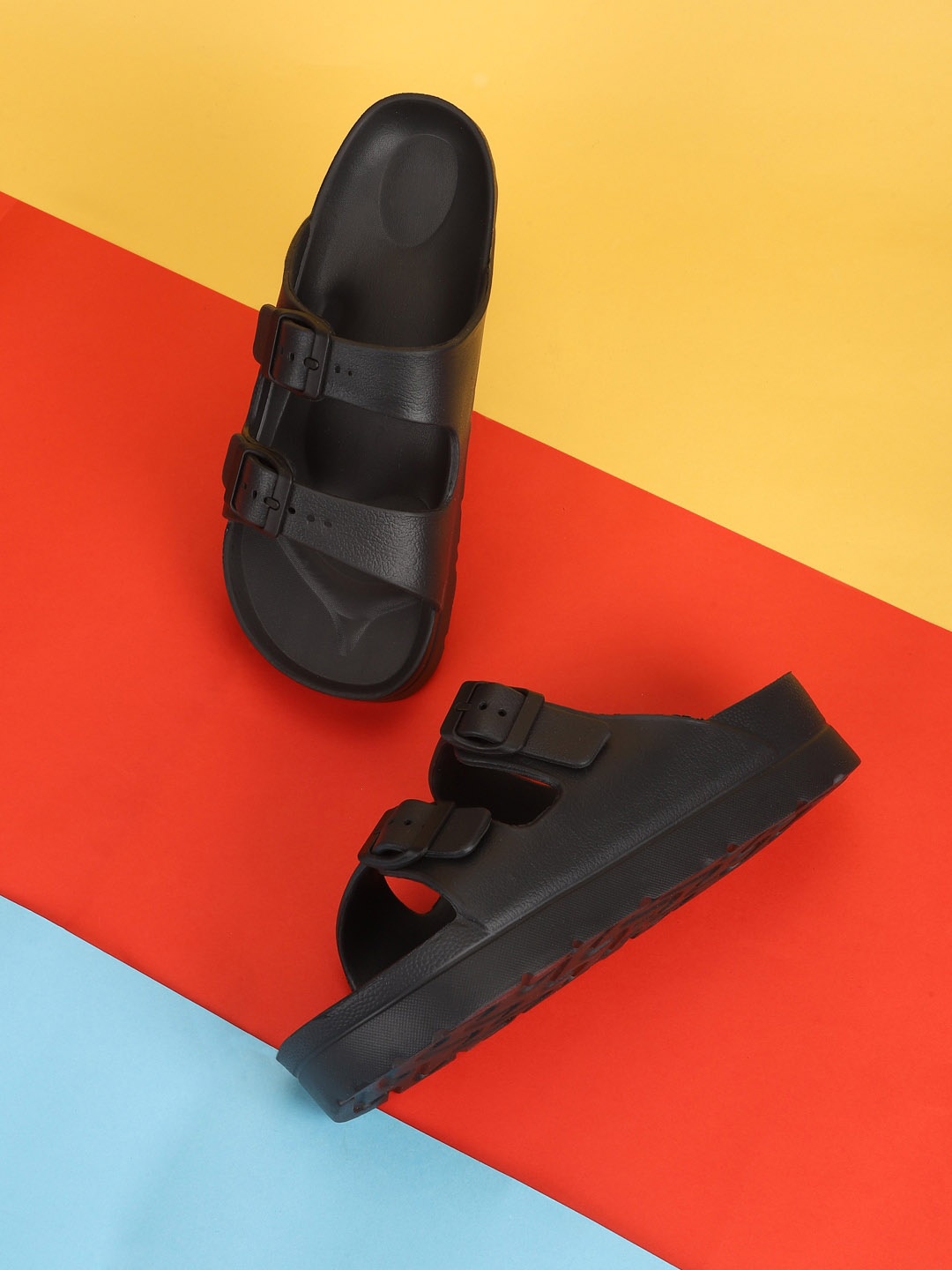 

Truffle Collection Women Two Strap Rubber Sliders With Buckels Detail, Black