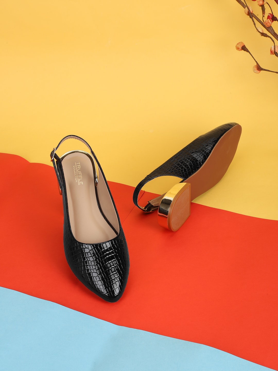 

Truffle Collection Textured Pointed Toe Block Mules With Backstrap, Black