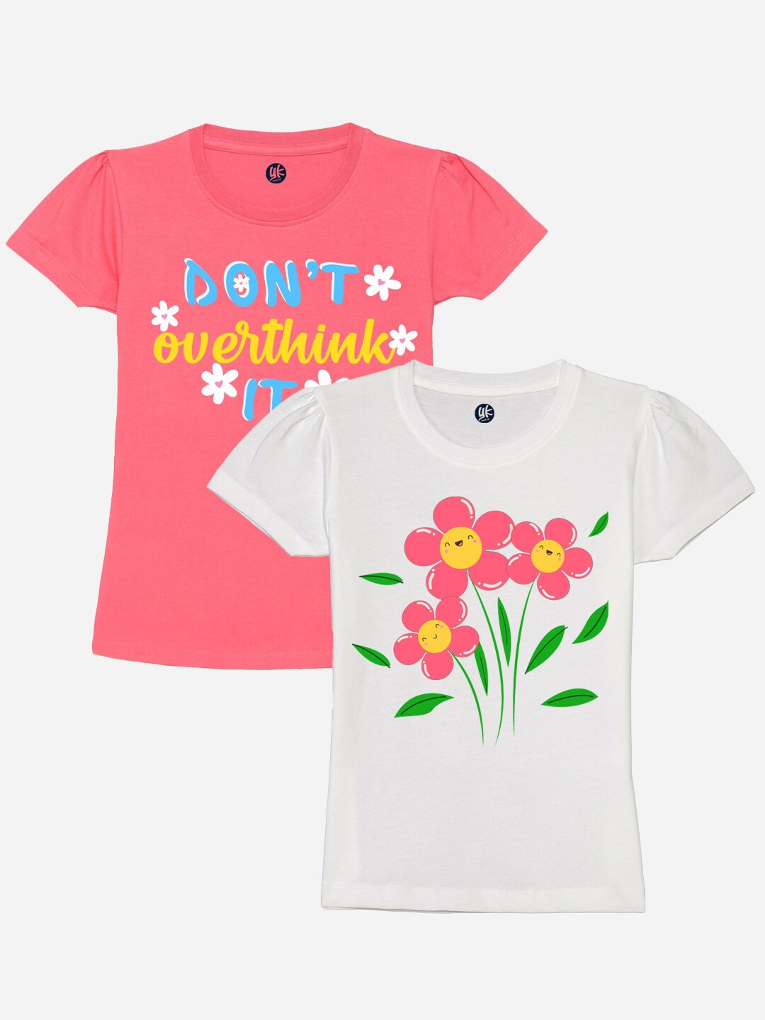 

YK Girls Pack Of 2 Typography Printed Puff Sleeve Pure Cotton T-shirt, Pink