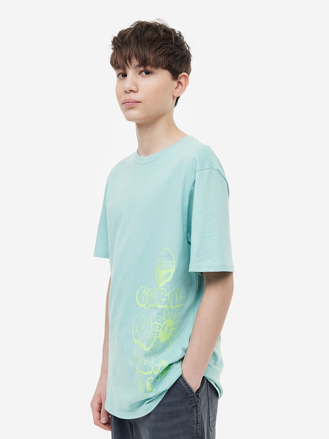 

H&M Boys Printed Pure Cotton T-Shirt, Turquoise blue
