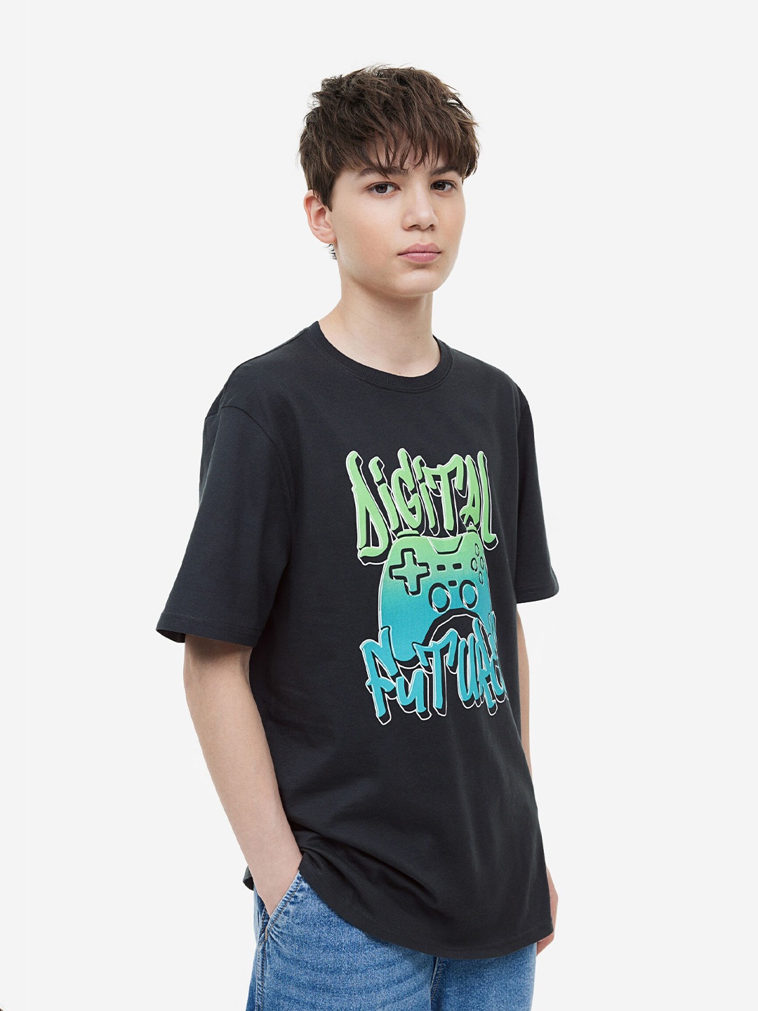 

H&M Boys Printed Pure Cotton T-Shirt, Black