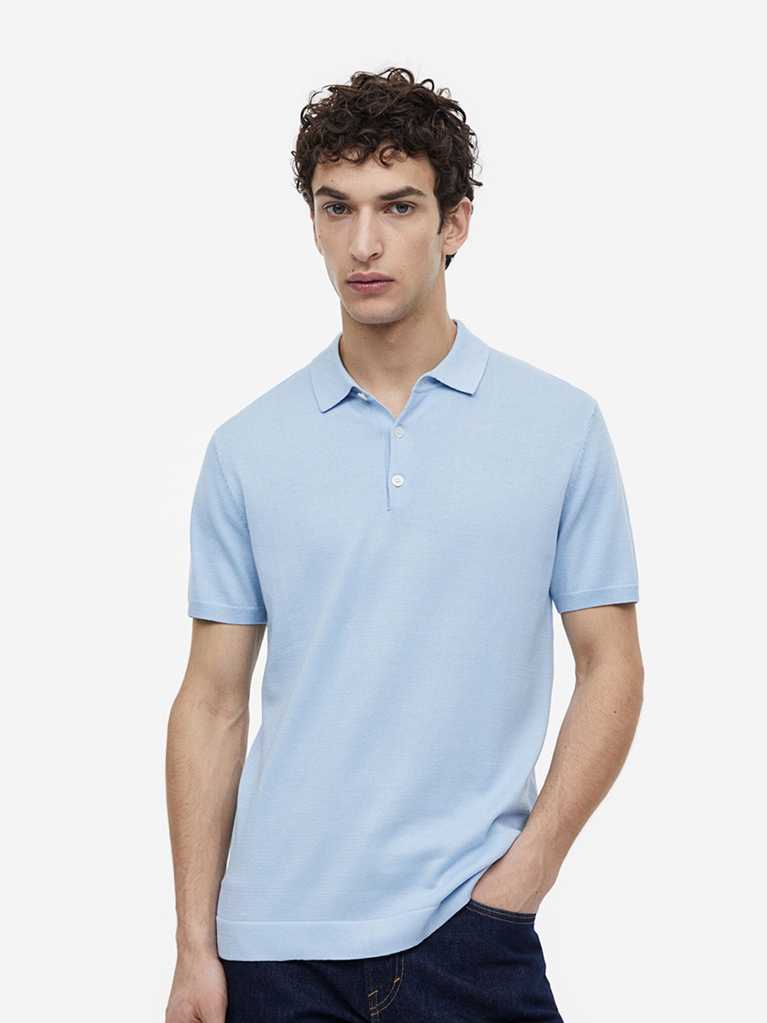 

H&M Men Slim Fit Fine-Knit Polo Shirt, Blue