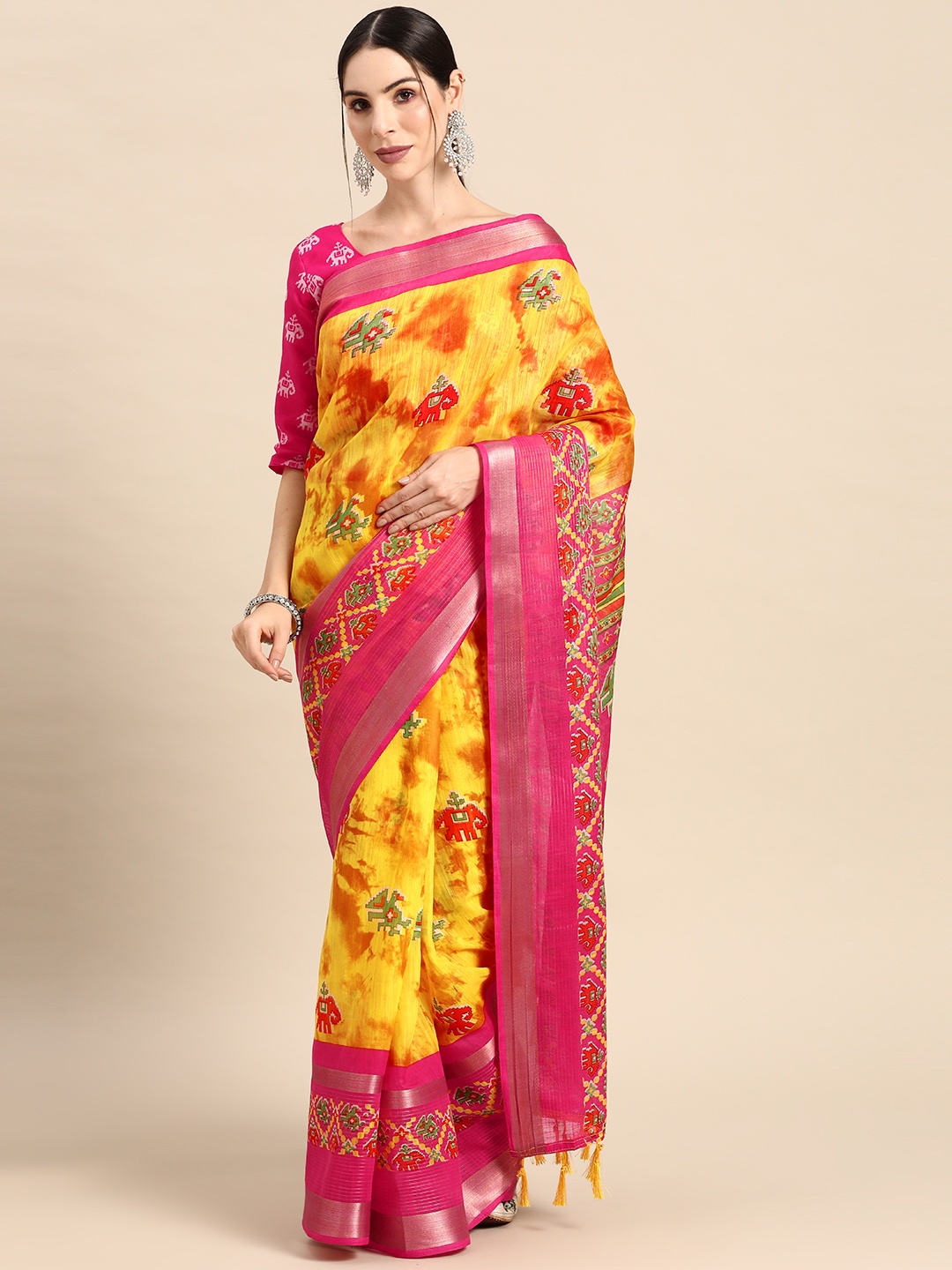 

Divine International Trading Co Floral Zari Patola Printed Saree, Yellow