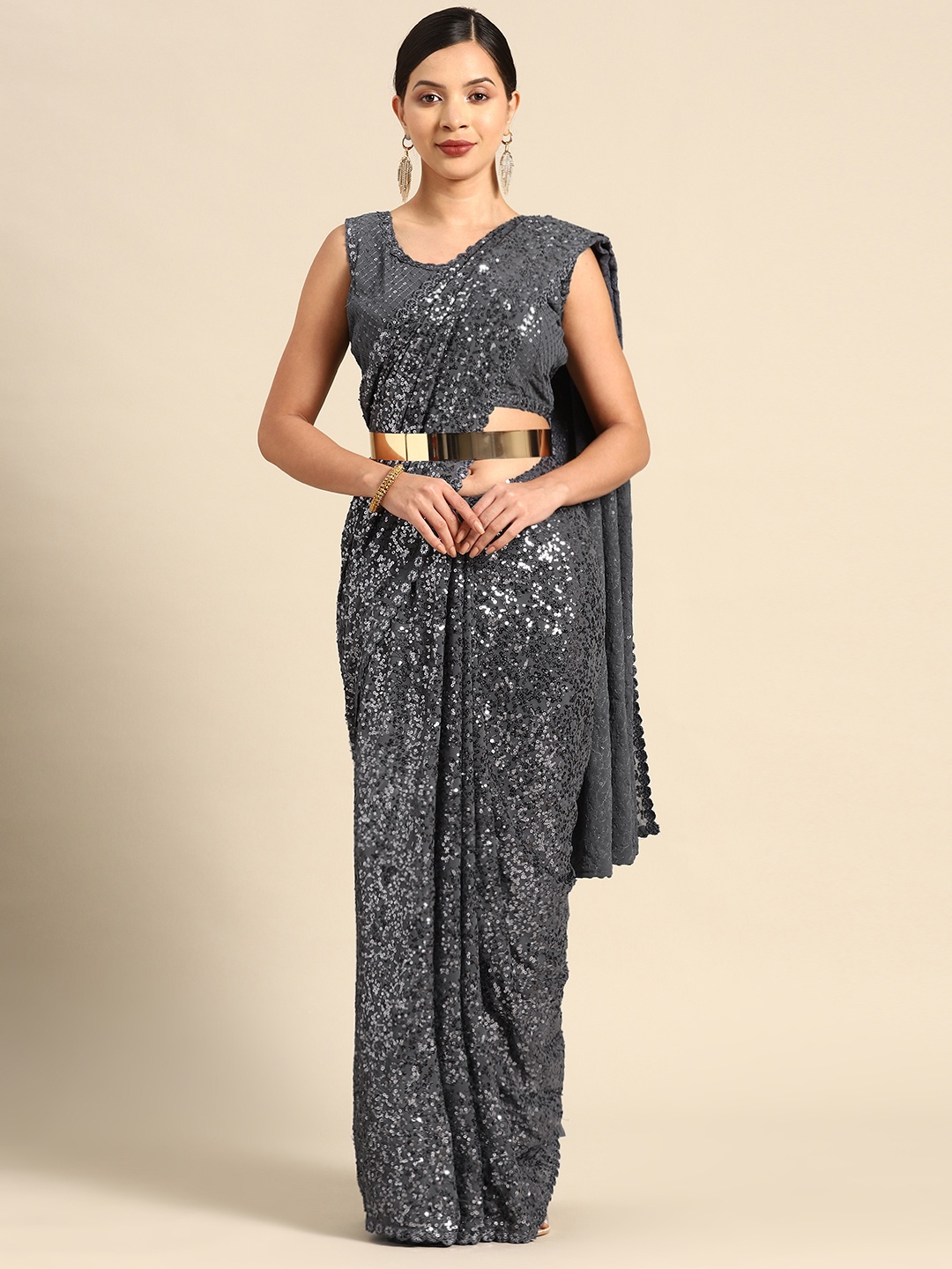 

Divine International Trading Co Embellished Sequinned Embroidered Heavy Work Saree, Grey