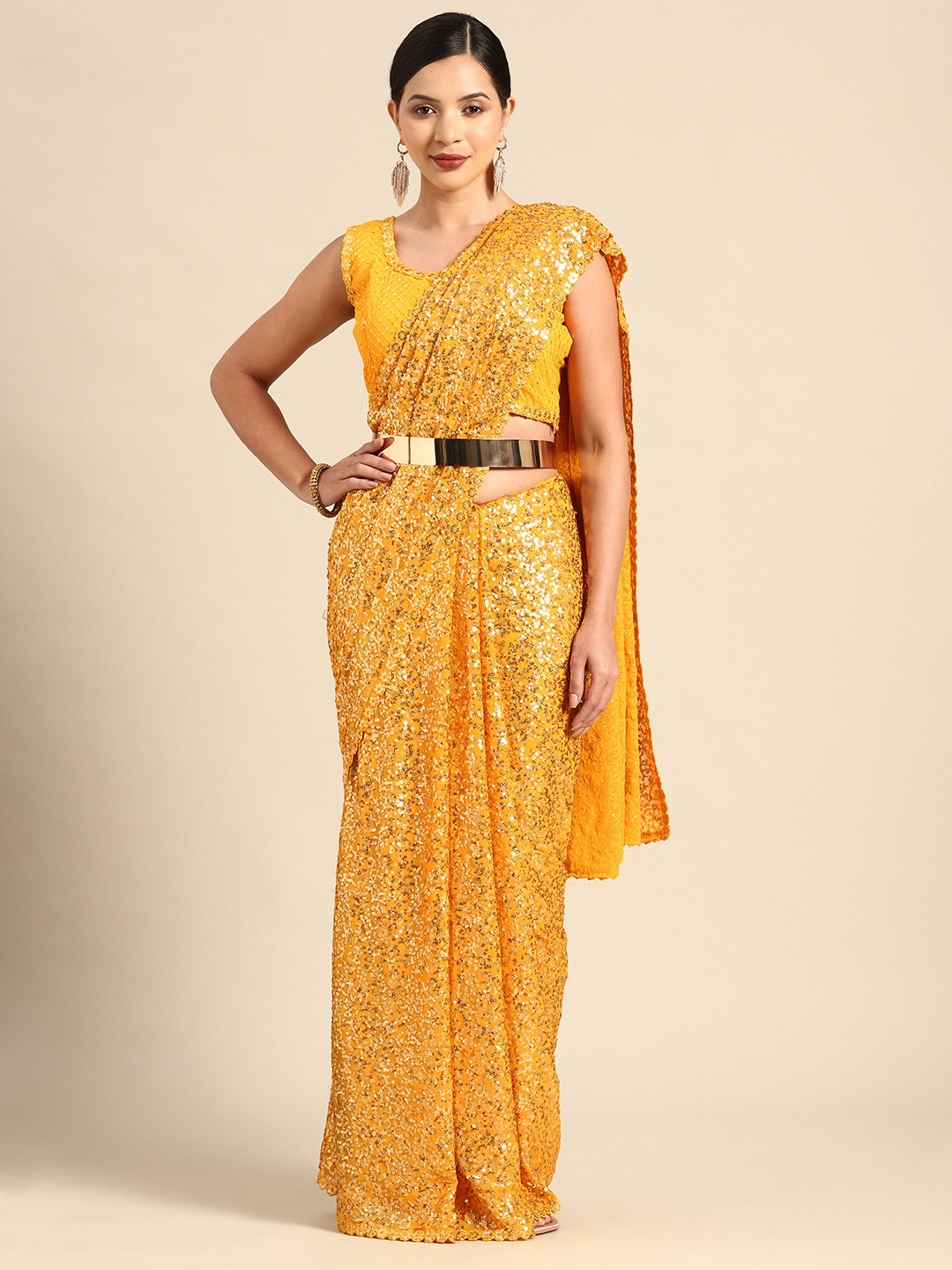 

Divine International Trading Co Embellished Sequinned Embroidered Heavy Work Saree, Yellow