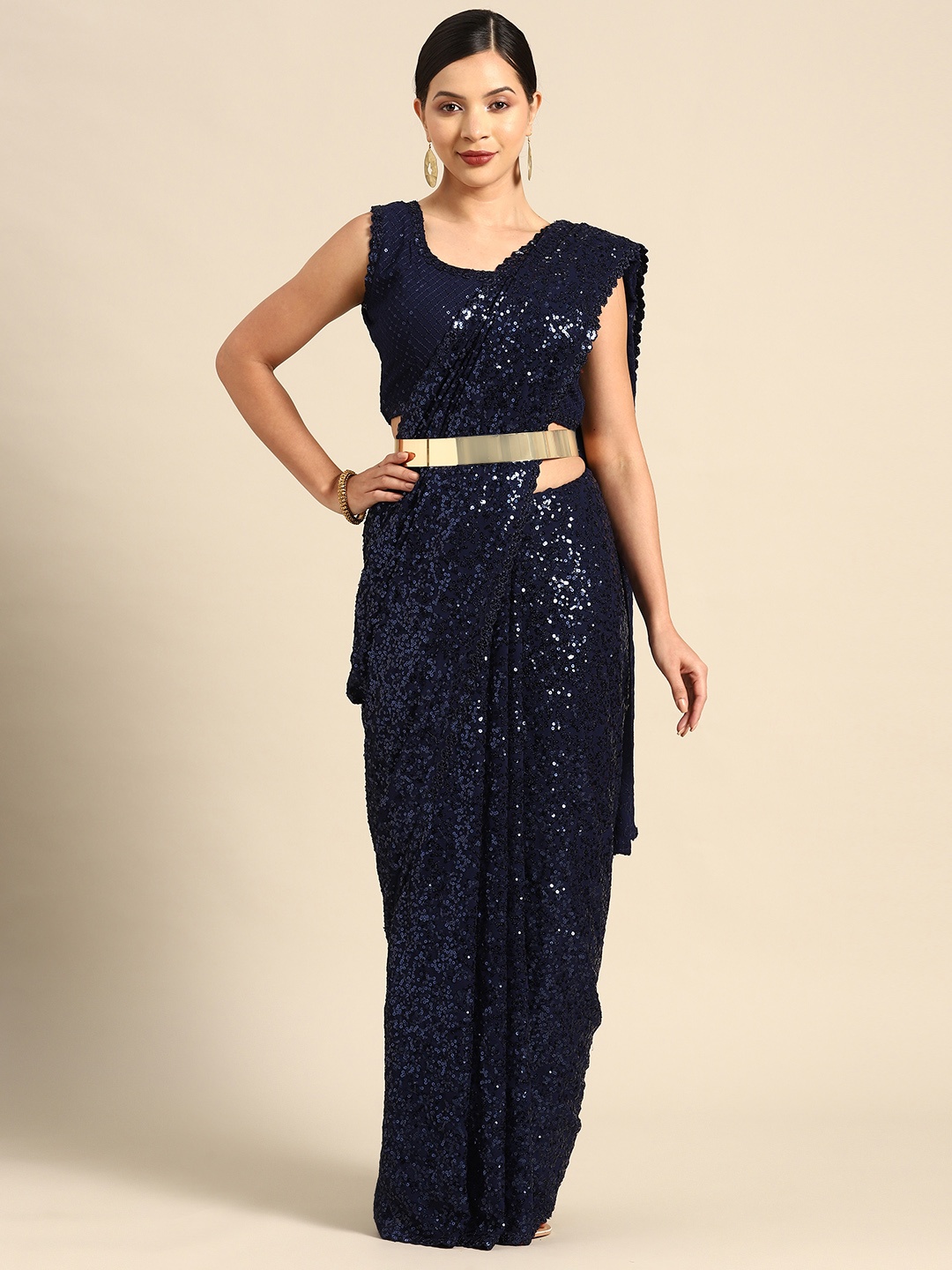 

Divine International Trading Co Embellished Sequinned Embroidered Heavy Work Saree, Navy blue