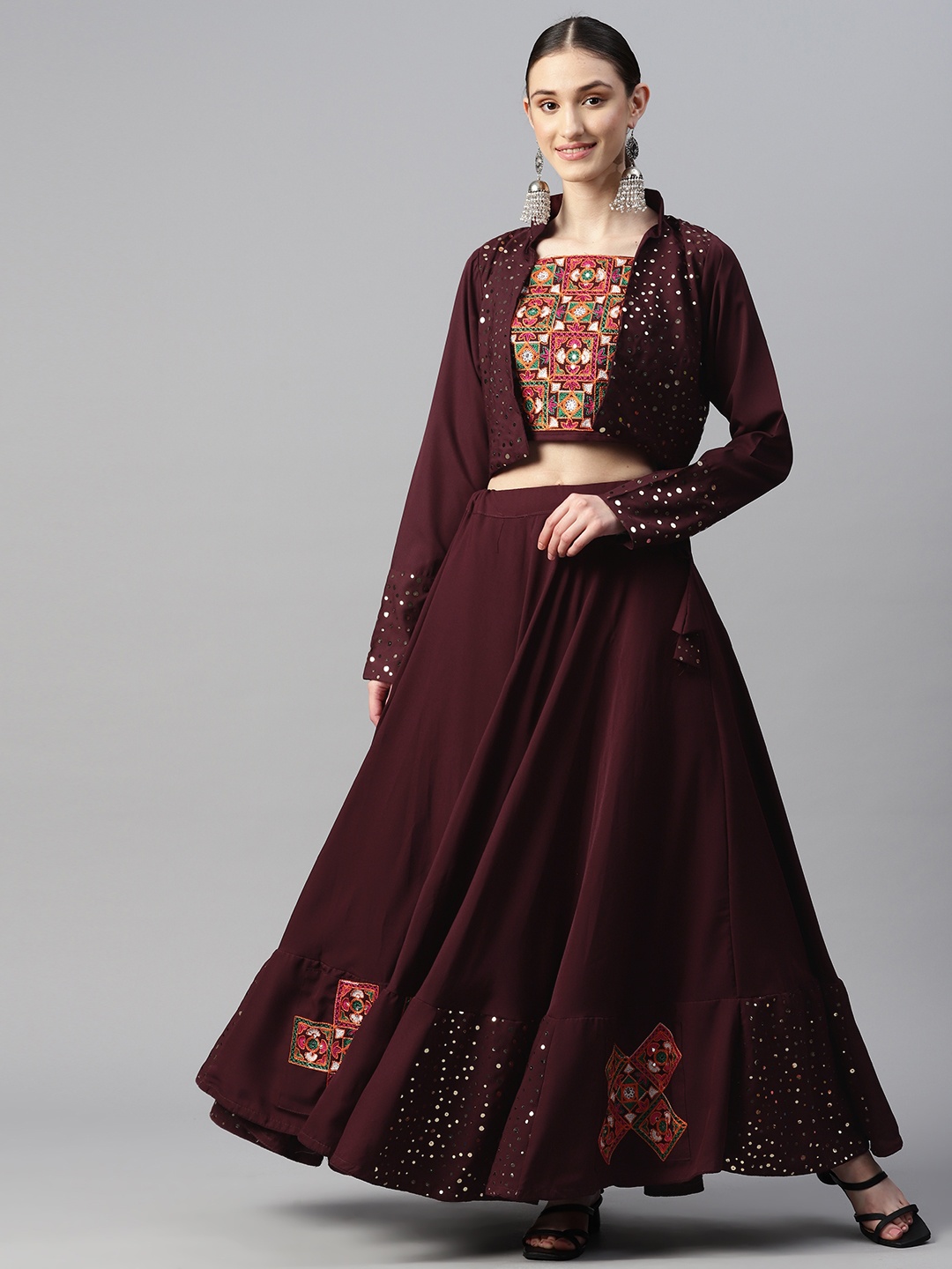 

Divine International Trading Co Burgundy Embroidered Unstitched Lehenga & Shrug