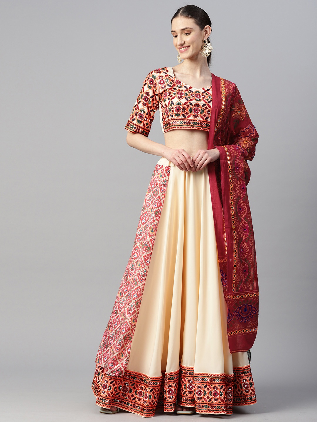 

Divine International Trading Co Embroidered Thread Work Unstitched Lehenga & Blouse, Cream