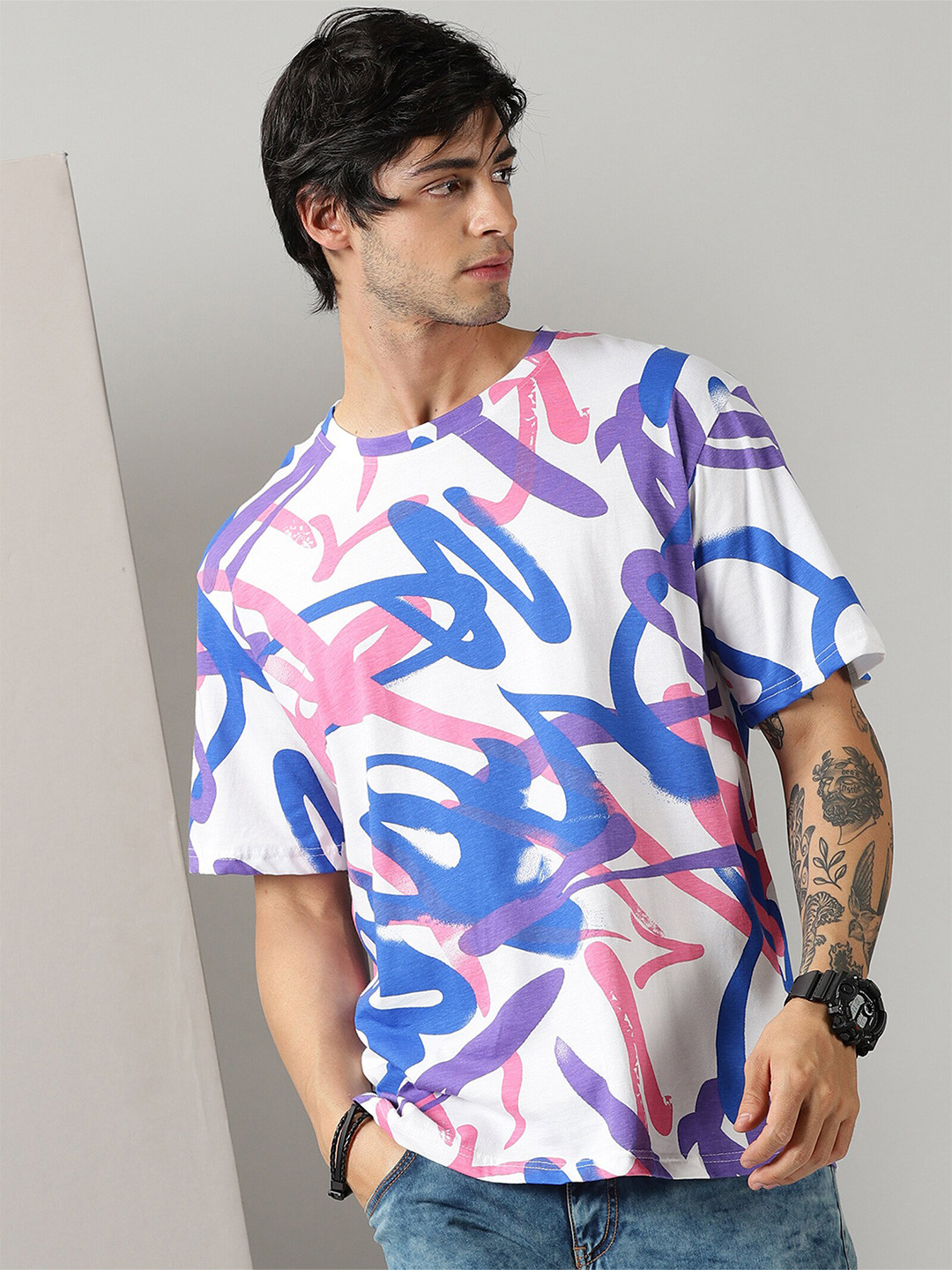 

Rodzen Abstract Printed Pure Cotton Loose T-shirt, White