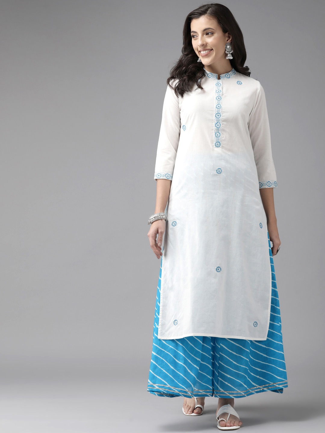 

Prakrti Floral Yoke Design Mirror Work Pure Cotton Kurta with Palazzos, White