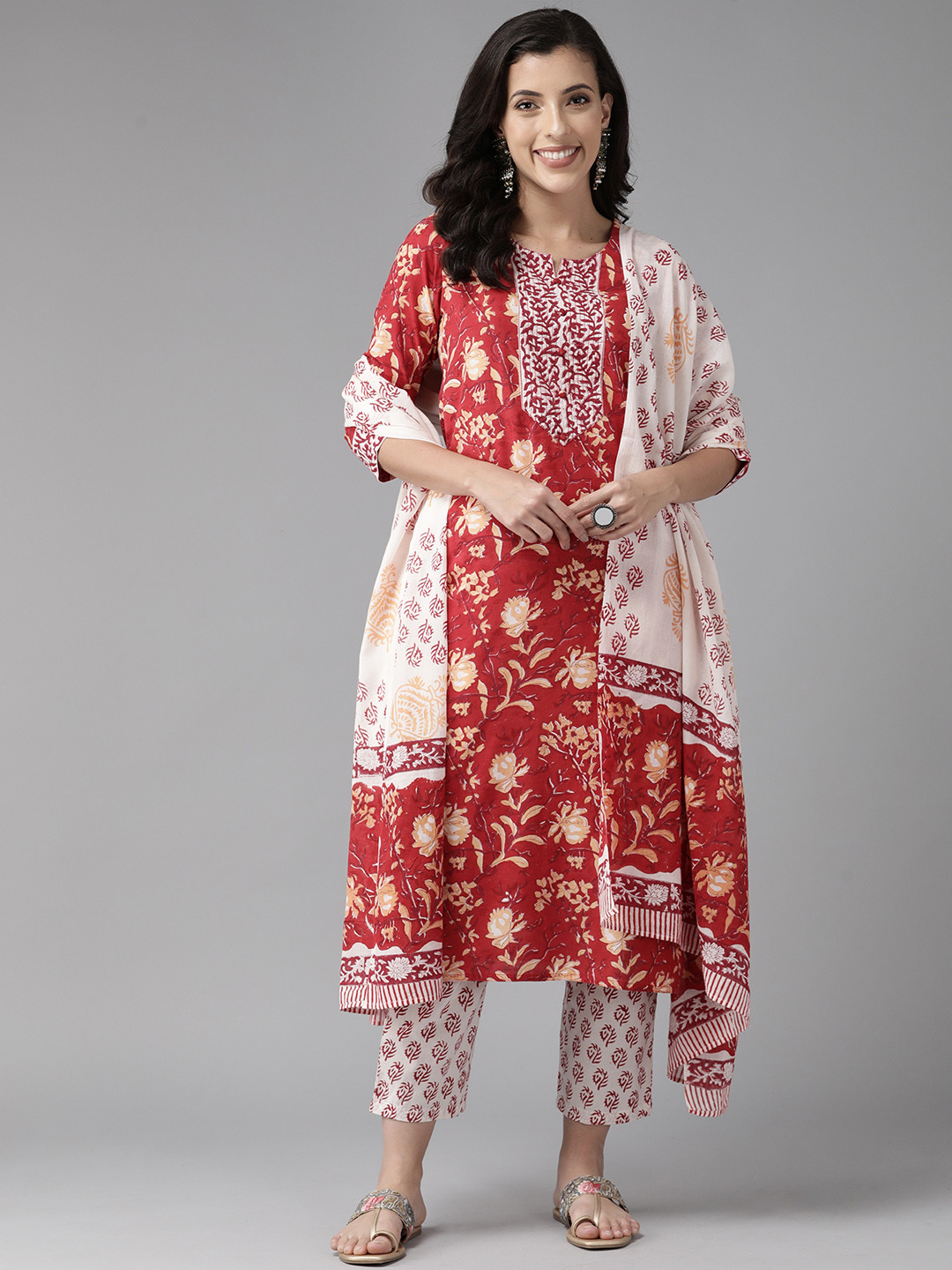 

Prakrti Floral Printed Kantha Work Pure Cotton Kurta with Palazzos & With Dupatta, Red