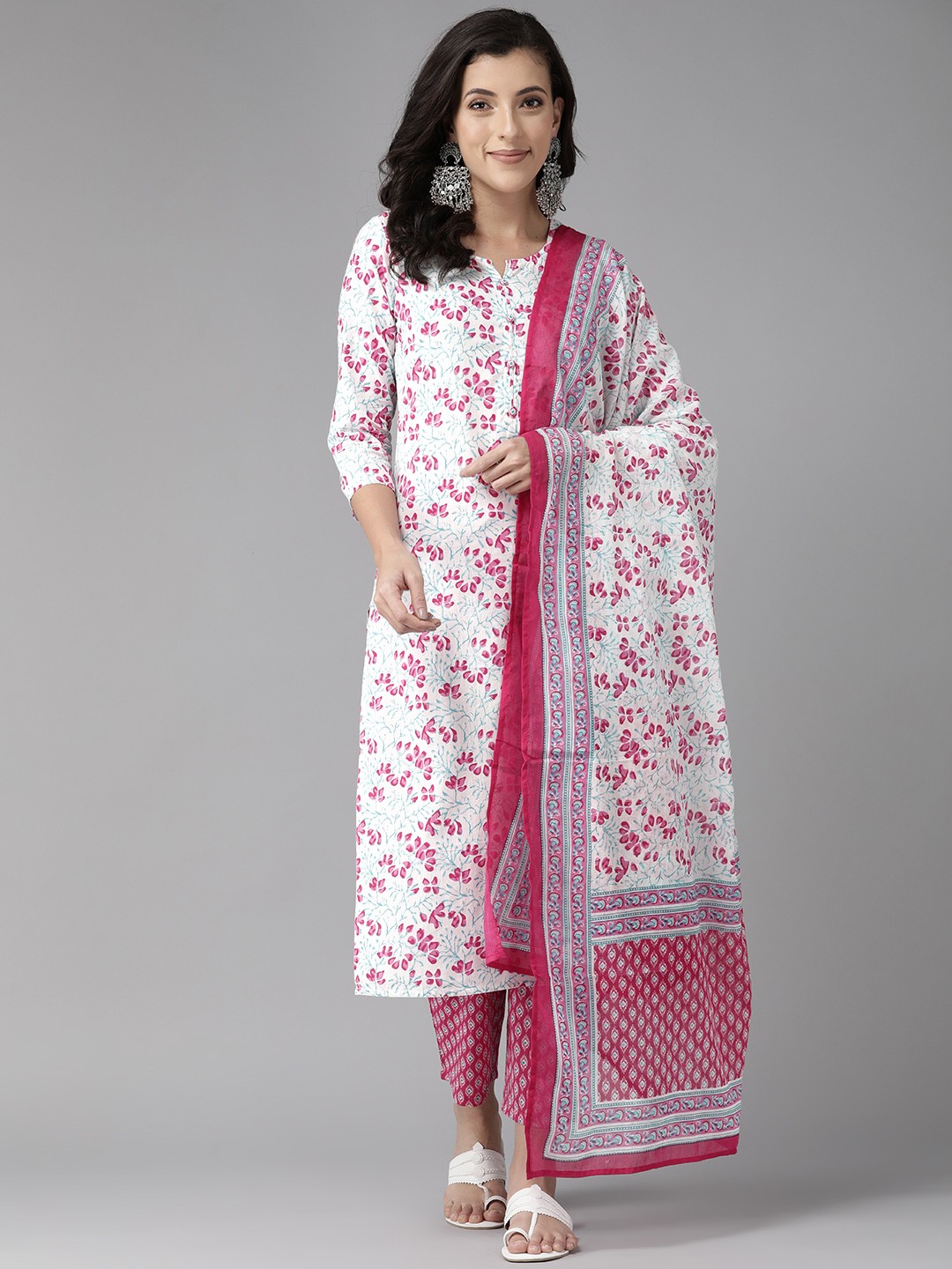 

Prakrti Floral Printed Pure Cotton Kurta with Palazzos & With Dupatta, White