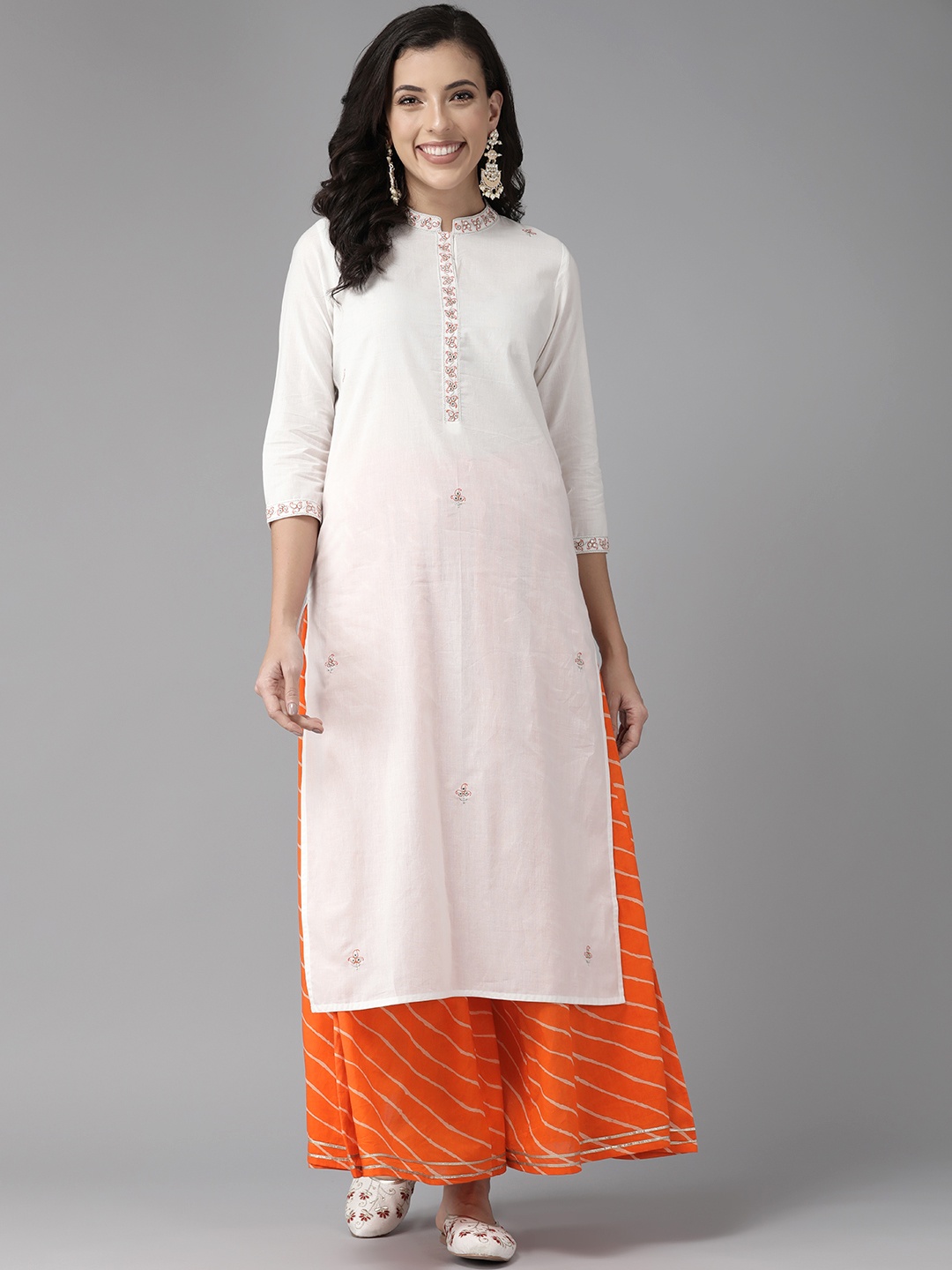 

Prakrti Floral Yoke Design Mirror Work Pure Cotton Kurta with Palazzos, White