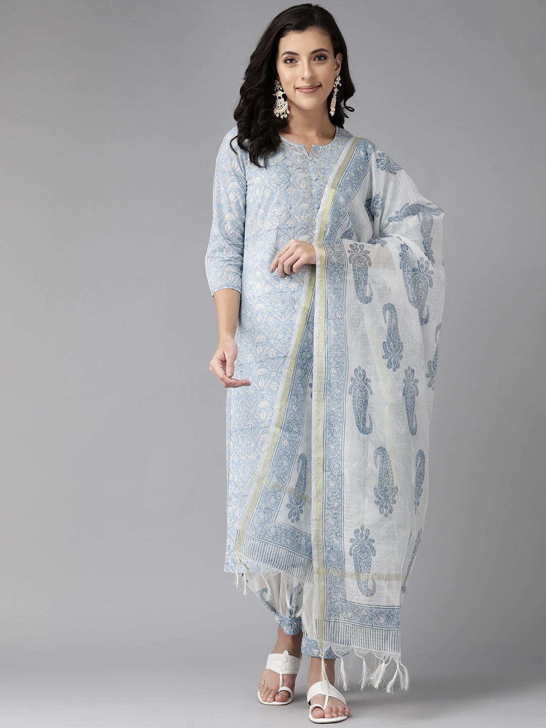 

Prakrti Floral Printed Sequinned Pure Cotton Kurta with Palazzos & With Dupatta, Turquoise blue