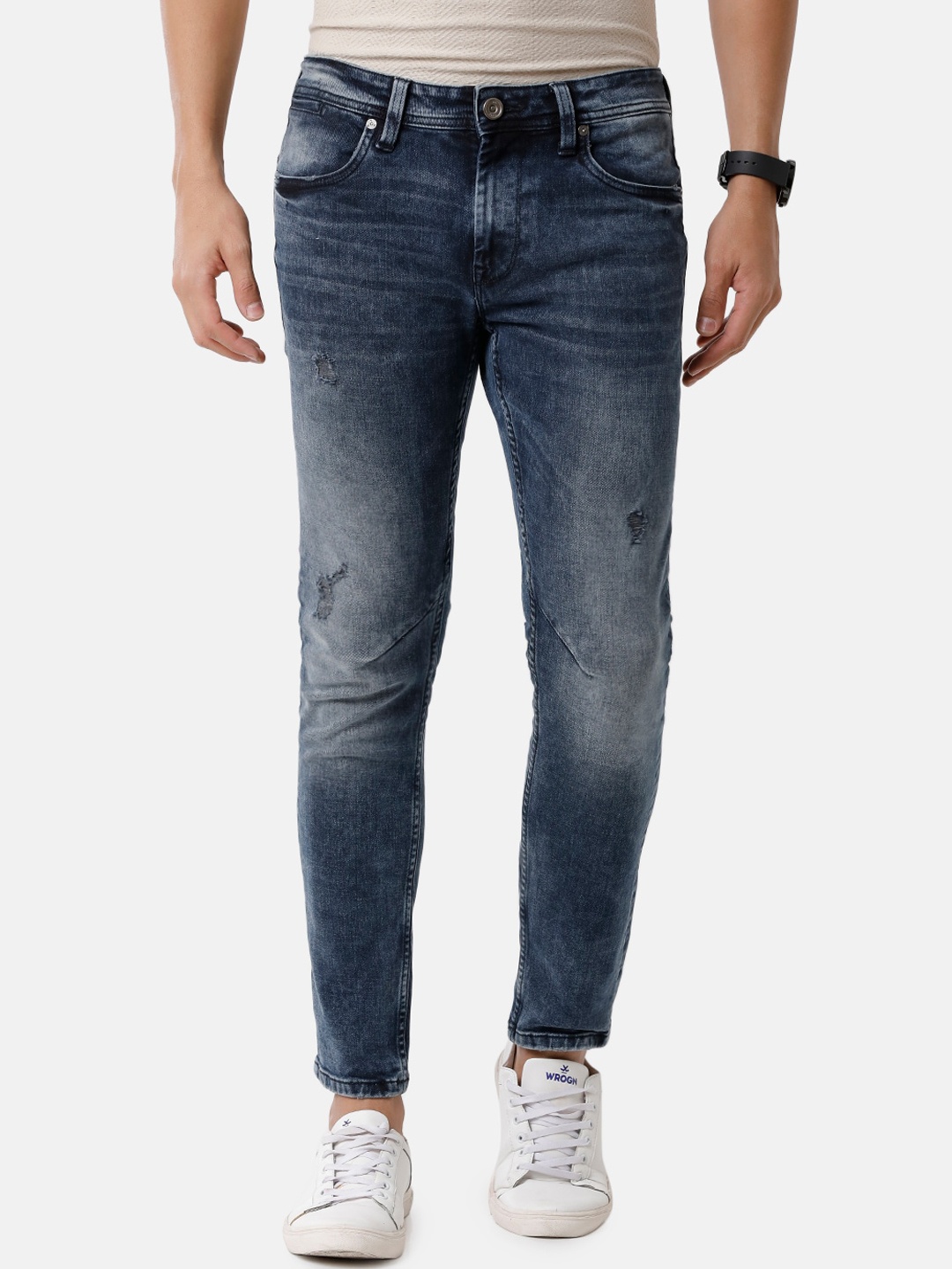 

Voi Jeans Men Slim Fit Mildly Distressed Heavy Fade Cotton Jeans, Blue