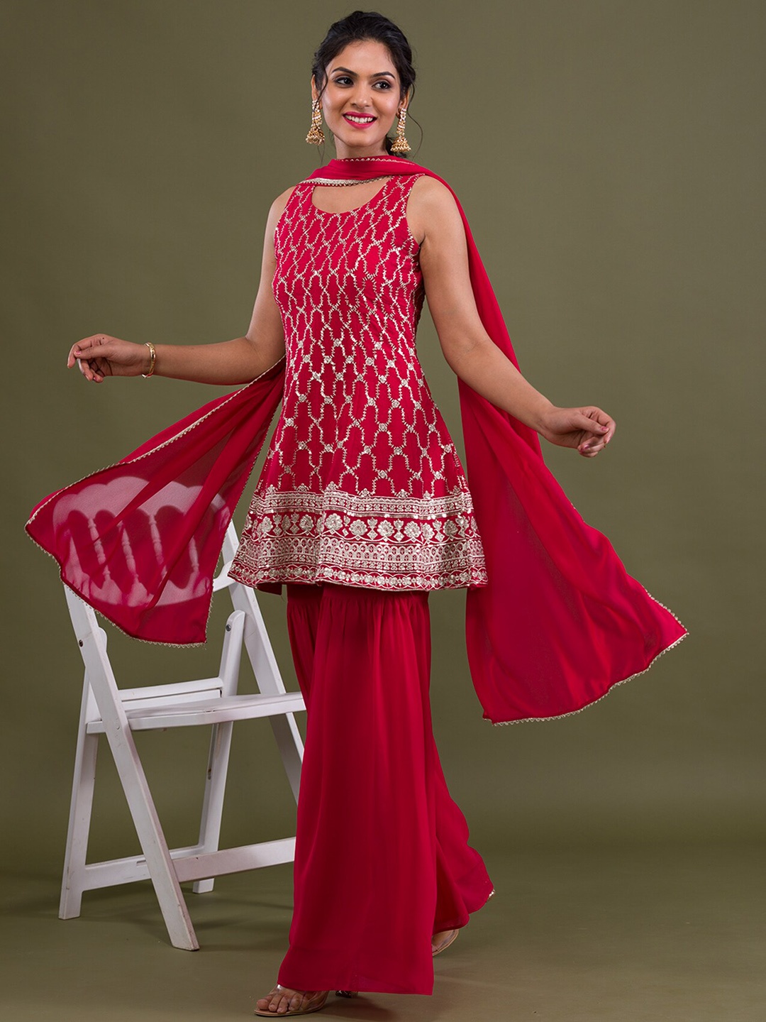 

Koskii Ethnic Motifs Embroidered Sequinned Kurti with Sharara & With Dupatta, Pink