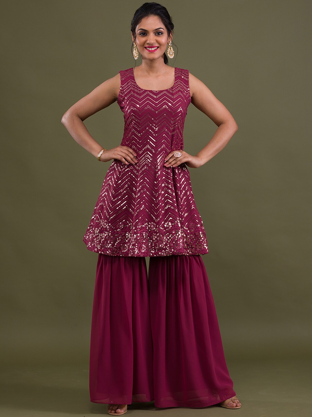 

Koskii Embroidered Panelled Sequinned Kurti with Sharara & With Dupatta, Pink