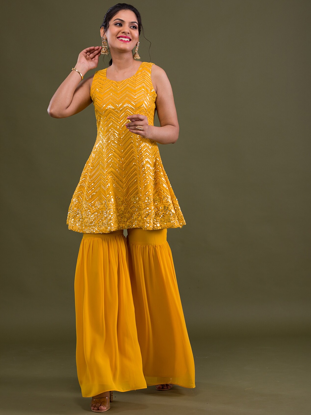 

Koskii Embroidered Panelled Sequinned Kurti with Sharara & With Dupatta, Yellow