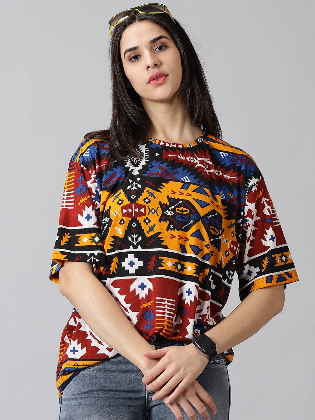 

Rodzen Aztec Printed Oversized Fit T-shirt, Maroon