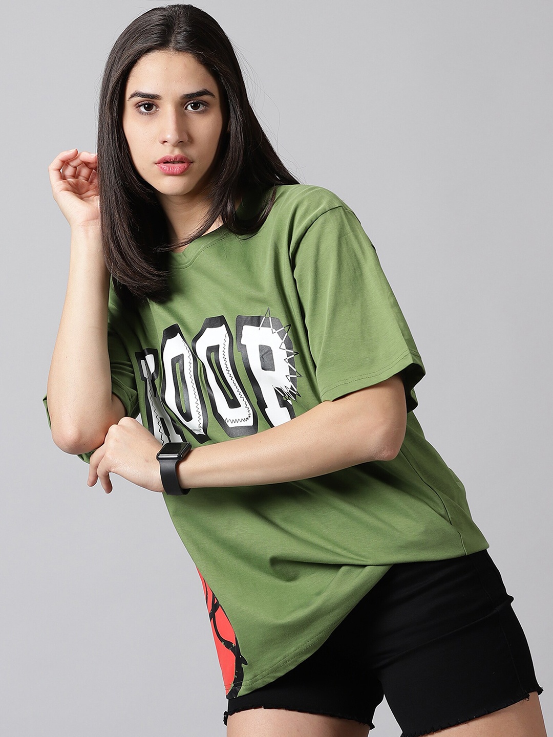 

Rodzen Typography Printed Pure Cotton Drop-Shoulder Oversize T-shirt, Green