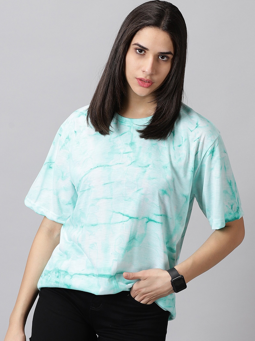 

Rodzen Tie & Dye Drop-Shoulder Pure Cotton Oversize T-shirt, Sea green