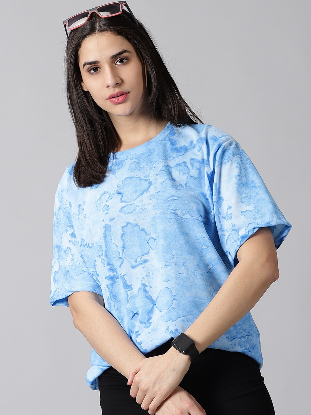 

Rodzen Printed Drop Shoulder Sleeves Pure Cotton Oversized T-shirt, Blue