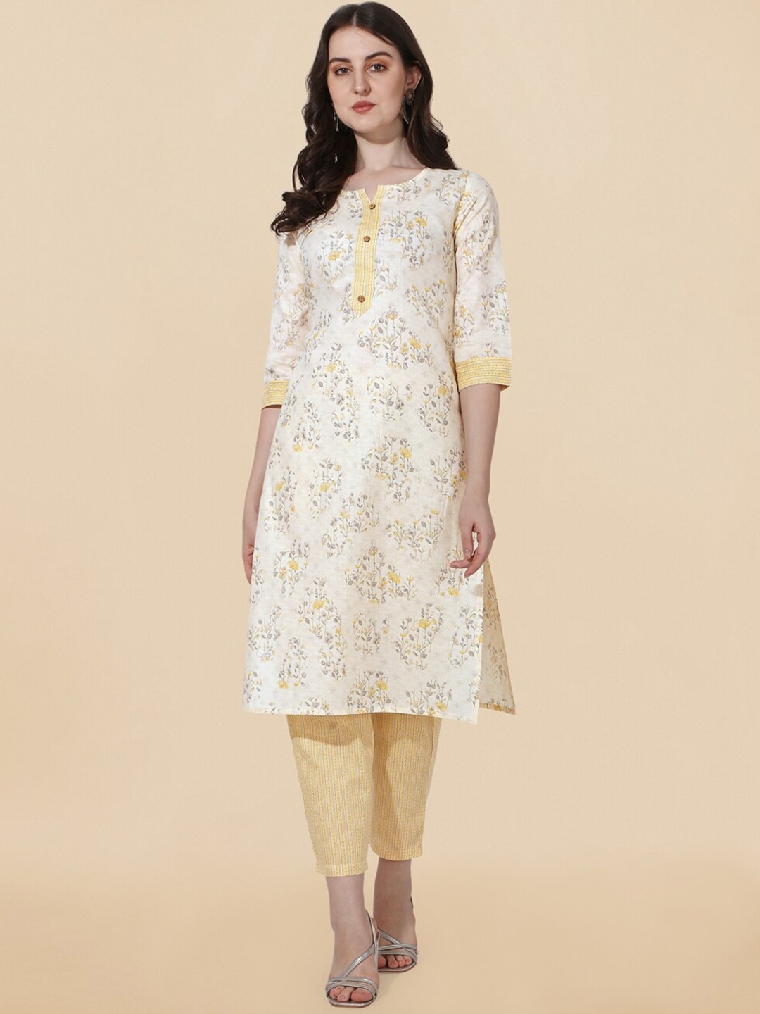 

KALINI Women Floral Printed Kurta With Trousers, Cream