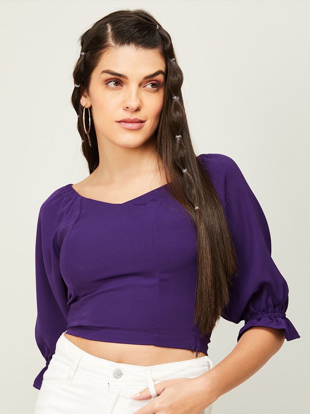 

Ginger by Lifestyle Smocked Puff Sleeves Crop Top, Purple