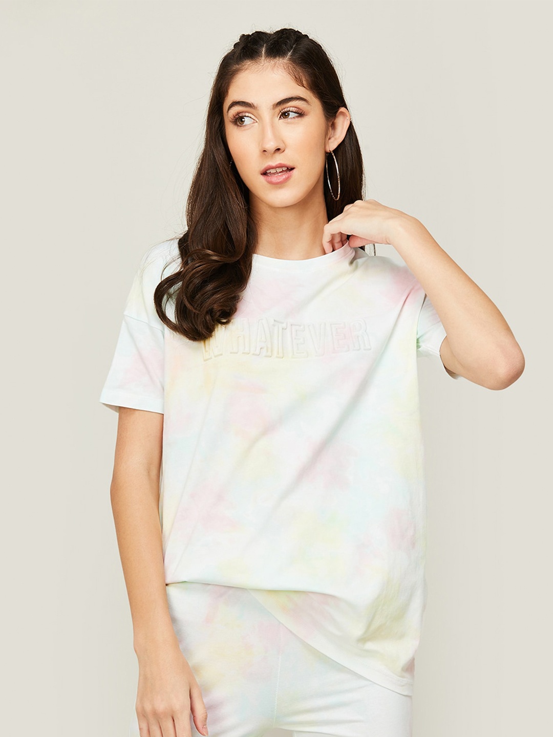 

Ginger by Lifestyle Tie & Dye Dyed Drop-Shoulder Sleeves Cotton Top, White