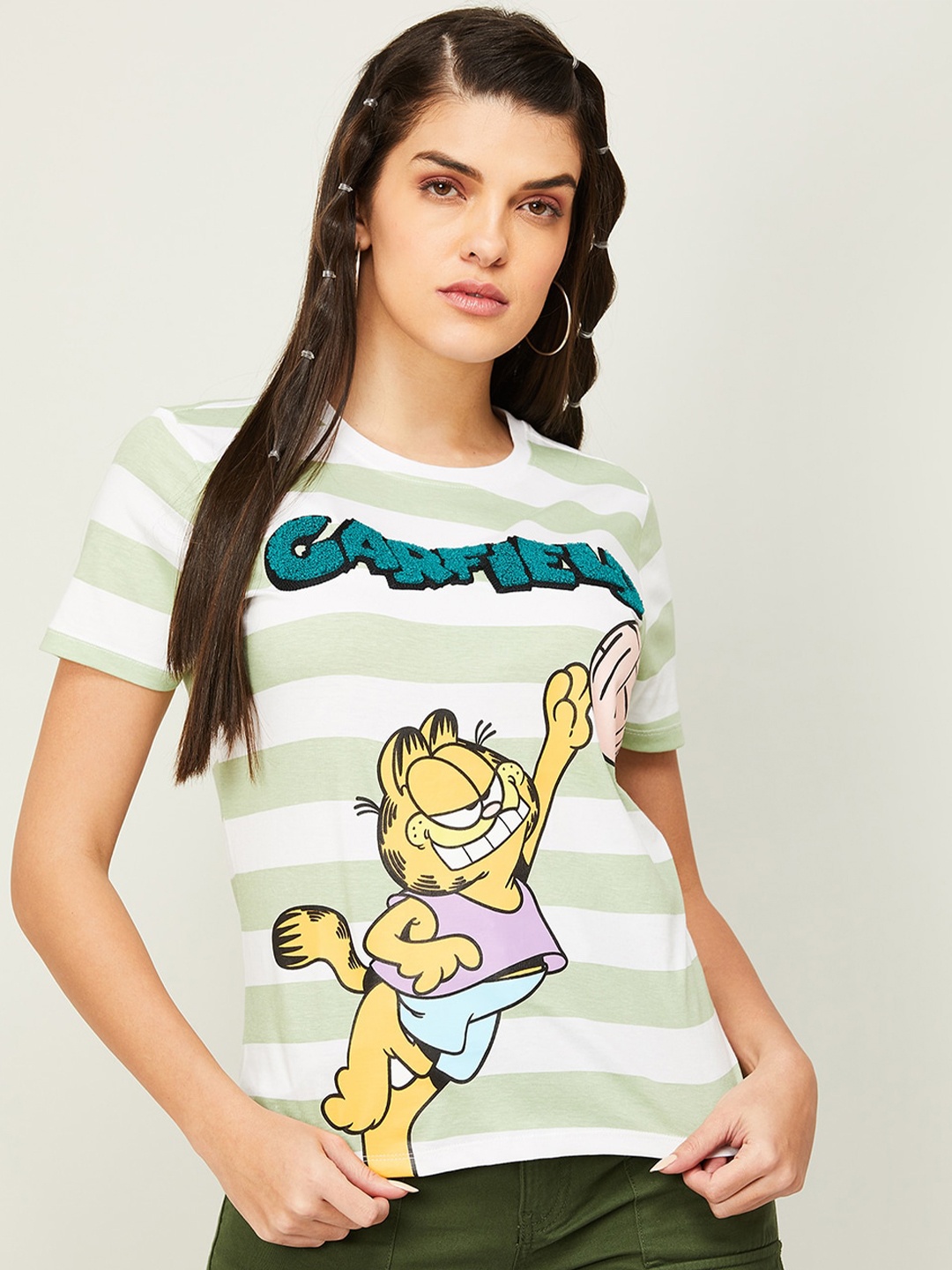 

Ginger by Lifestyle Striped Garfield Applique Cotton Top, White