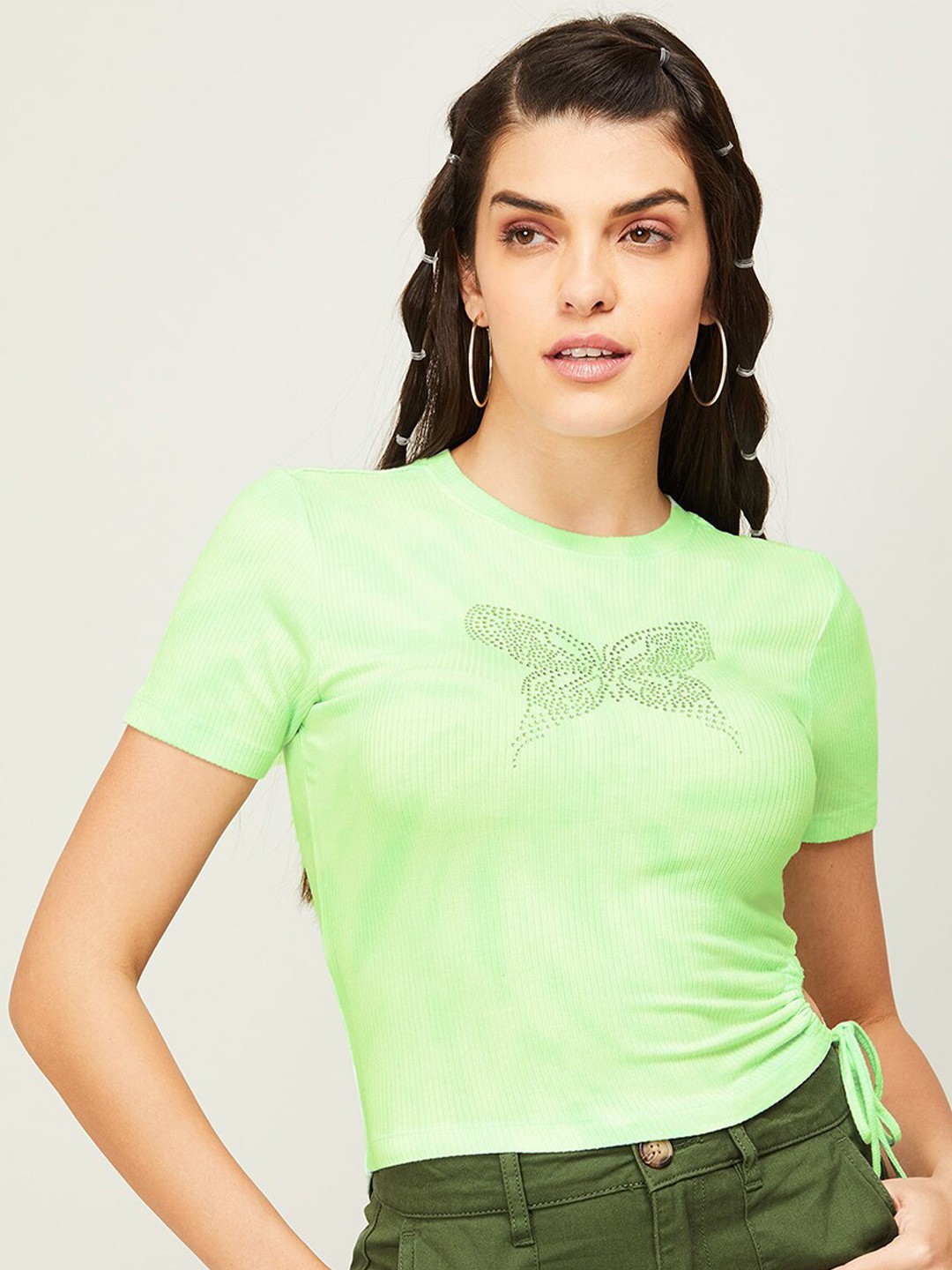 

Ginger by Lifestyle Round Neck Embellished Tie-Up Top, Green