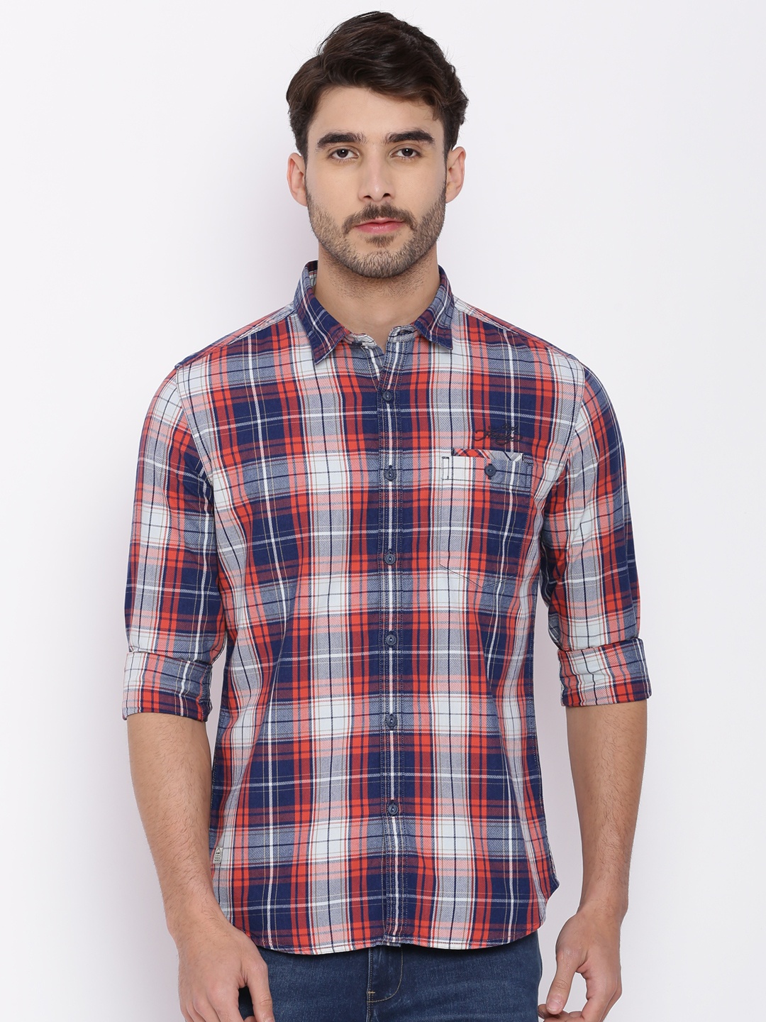 

Ed Hardy Men Red & Navy Blue Regular Fit Checked Casual Shirt
