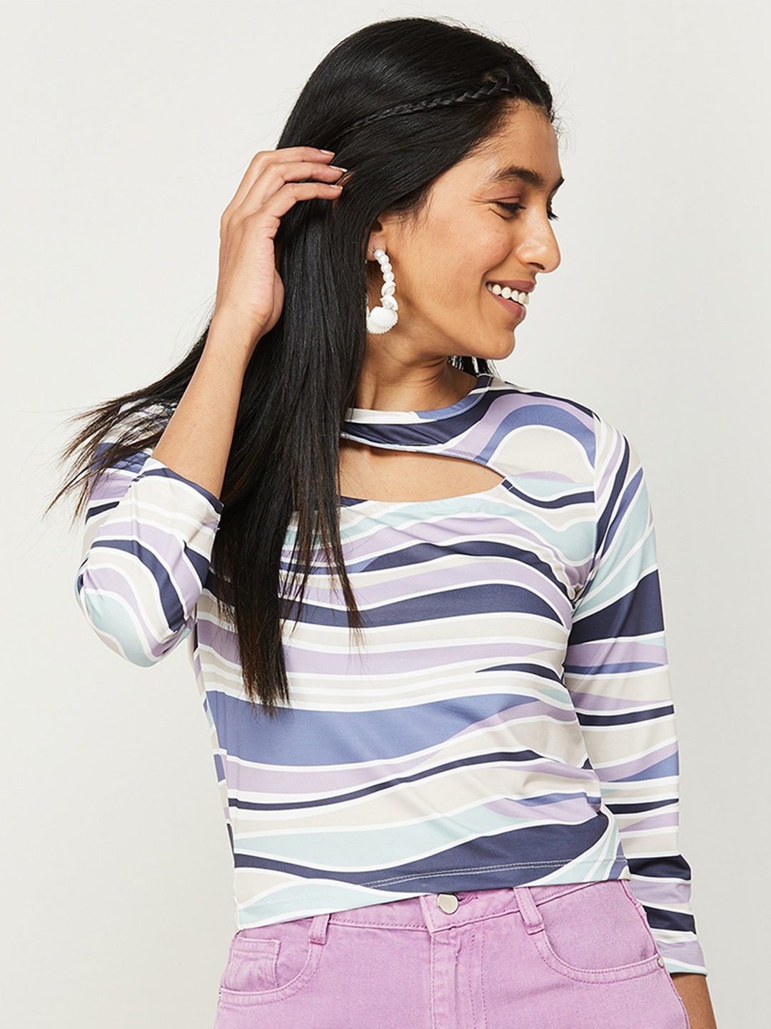 

Ginger by Lifestyle Round Neck Cut-Out Striped Top, White