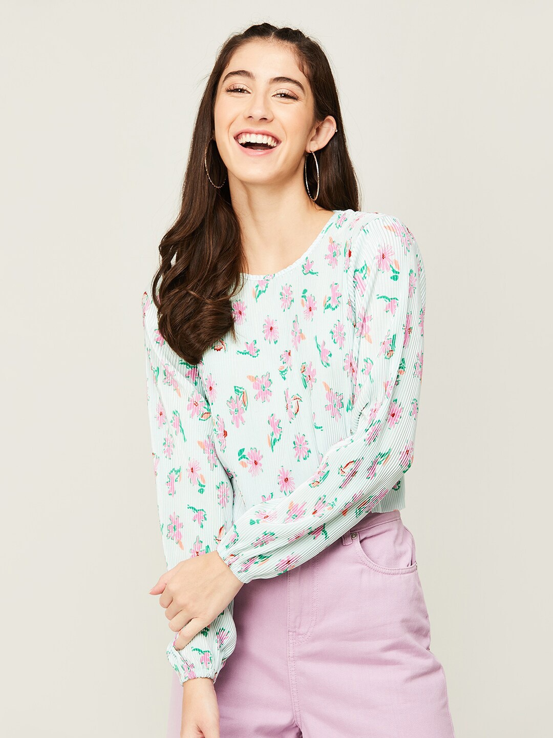 

Ginger by Lifestyle Floral Printed Accordion Pleats Top, Green