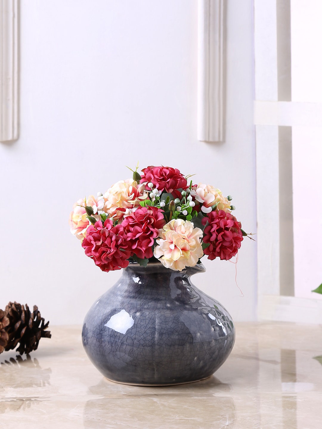 

TAYHAA Bluish Grey Textured Ceramic Flower Vase With Crackling Metallic Look