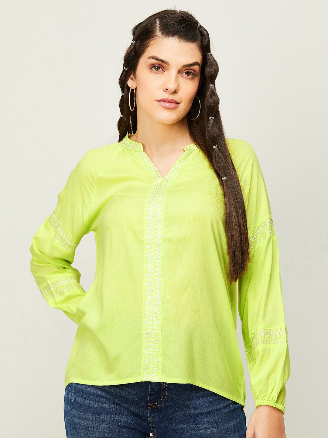 

Fame Forever by Lifestyle Ethnic Motifs Embroidered Mandarin Collar Top, Green