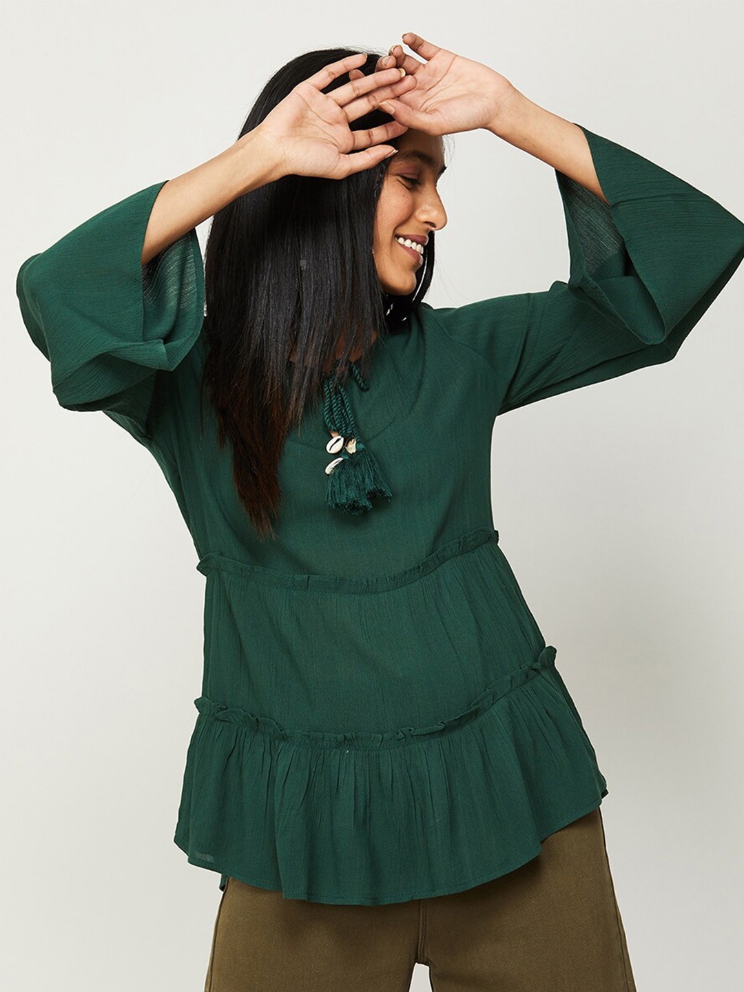 

Fame Forever by Lifestyle Tie-Up Neck A-Line Top, Green