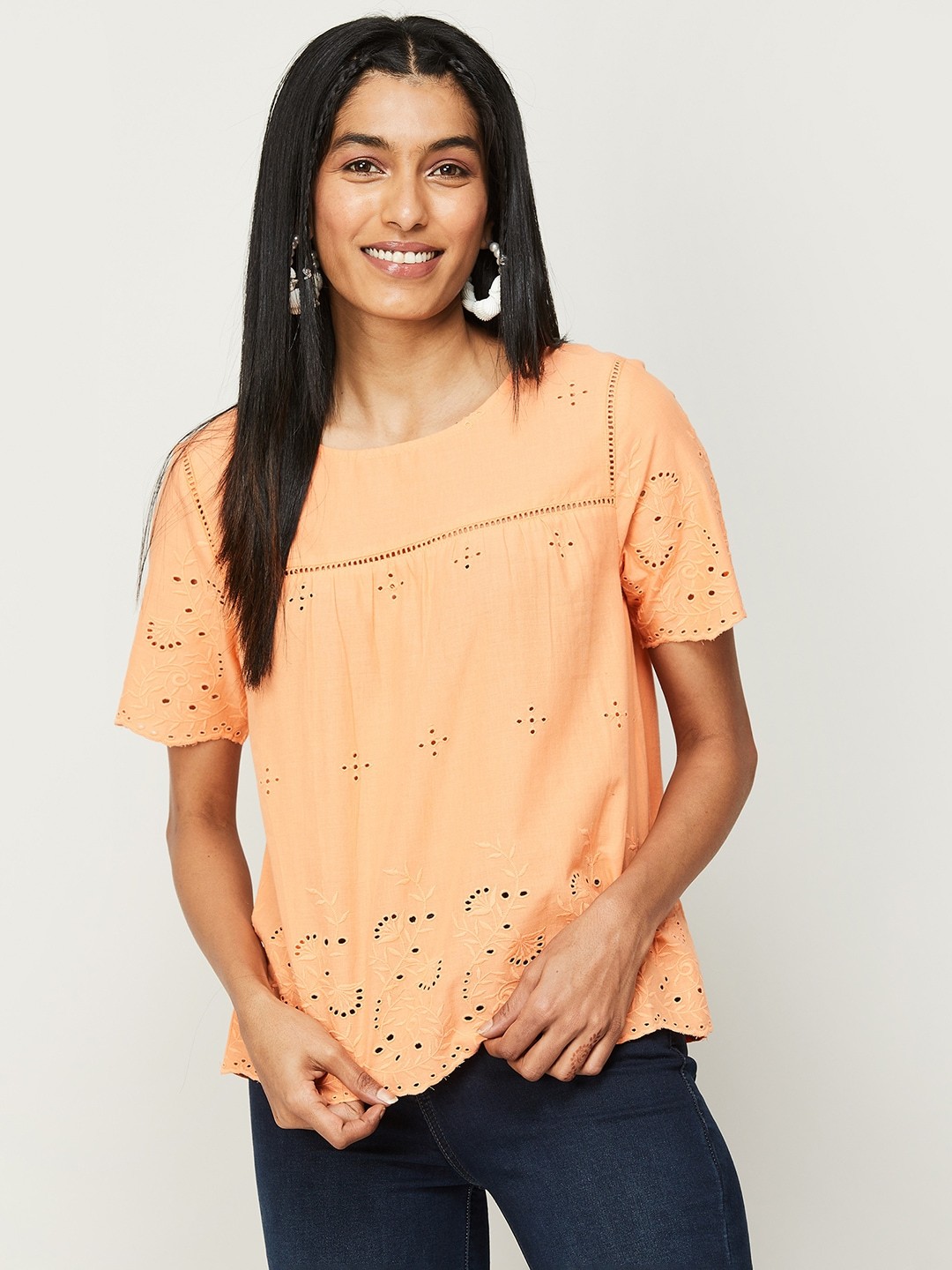 

Fame Forever by Lifestyle Self Design Schiffli Cotton Top, Orange
