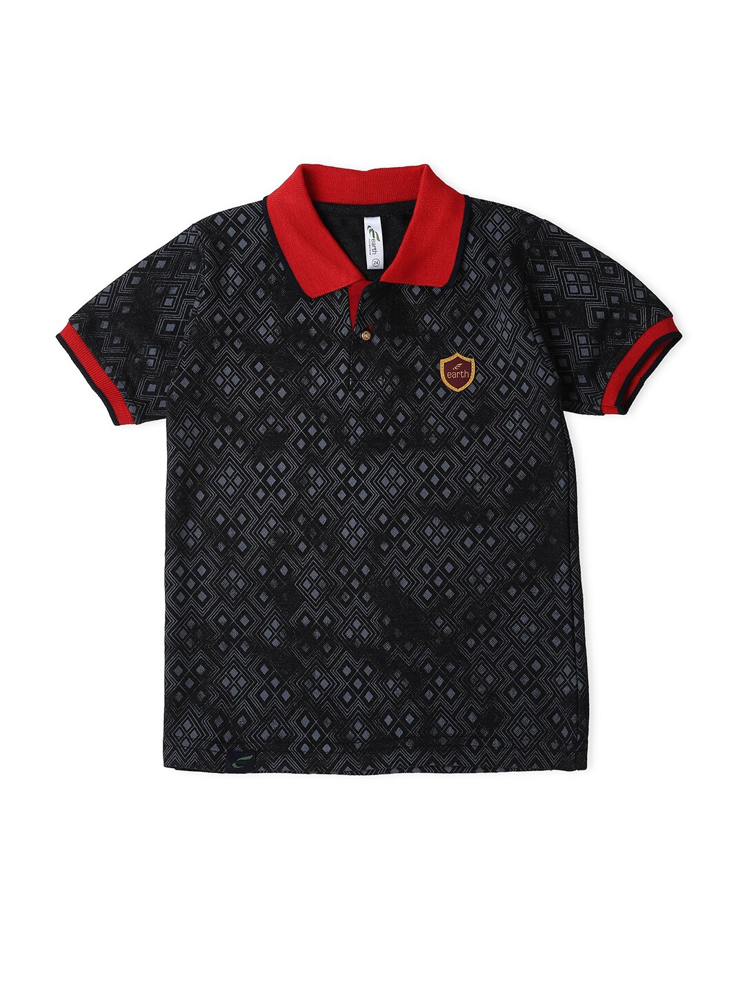 

earth conscious Boys Accentuated Polo Collar Geometric Printed Cotton T-shirt, Charcoal