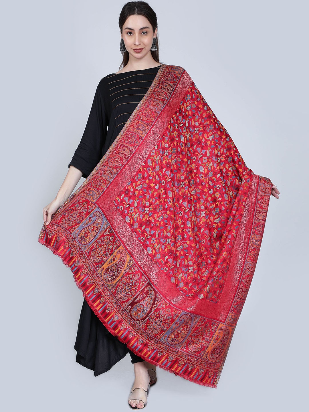 

Moda Chales Women Woven-Design Kani Modal Shawl, Red