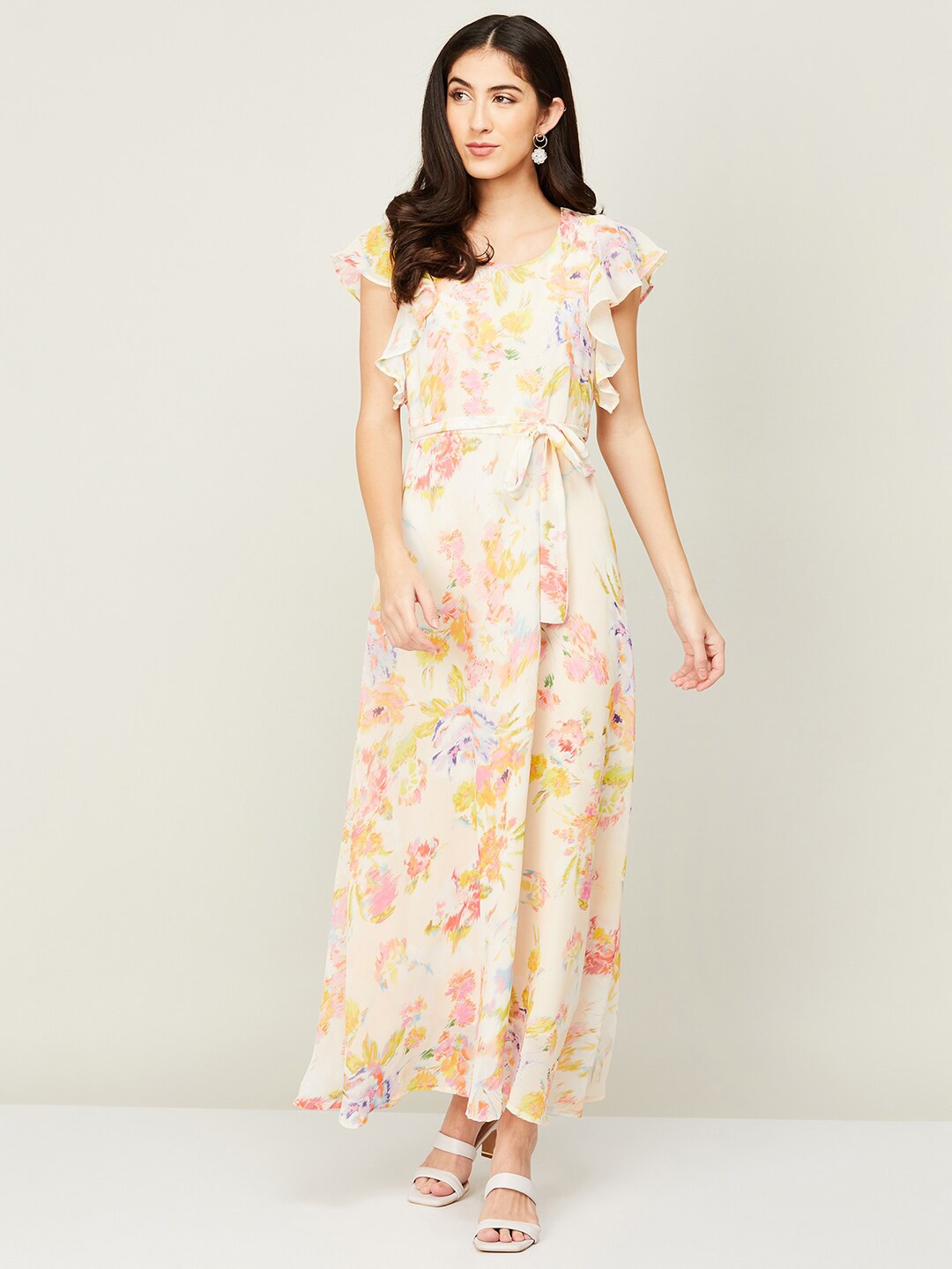 

CODE by Lifestyle Floral Flutter Sleeves A-line Maxi Dress, Beige