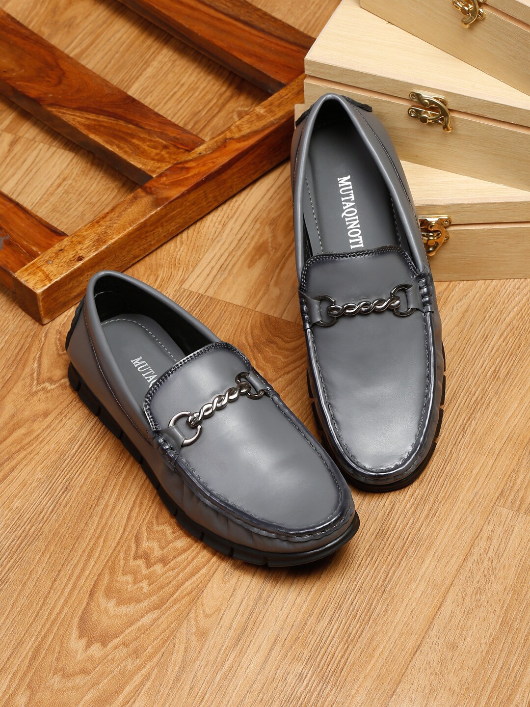 

MUTAQINOTI Men Patent Leather Lightweight Horsebit Loafers, Grey