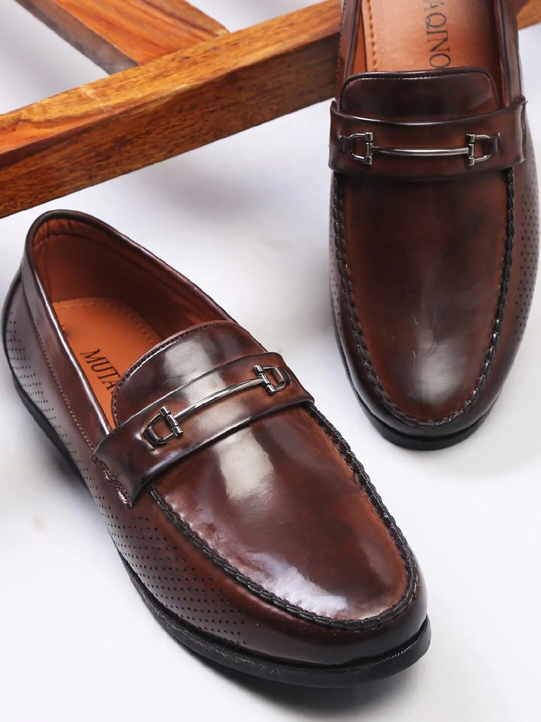 

MUTAQINOTI Men Perforations Patent Leather Round Toe Casual Loafers, Brown