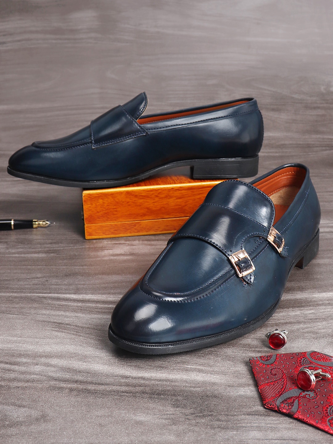 

MUTAQINOTI Men Patent Leather Monks, Teal