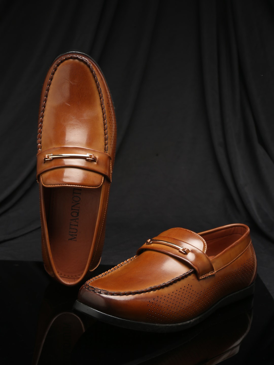 

MUTAQINOTI Men Perforations Patent Leather Round Toe Casual Loafers, Tan