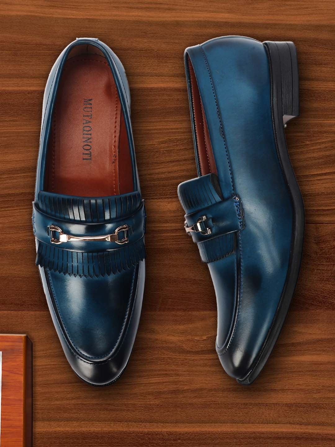 

MUTAQINOTI Men Patent Leather Round Toe Casual Loafers, Blue