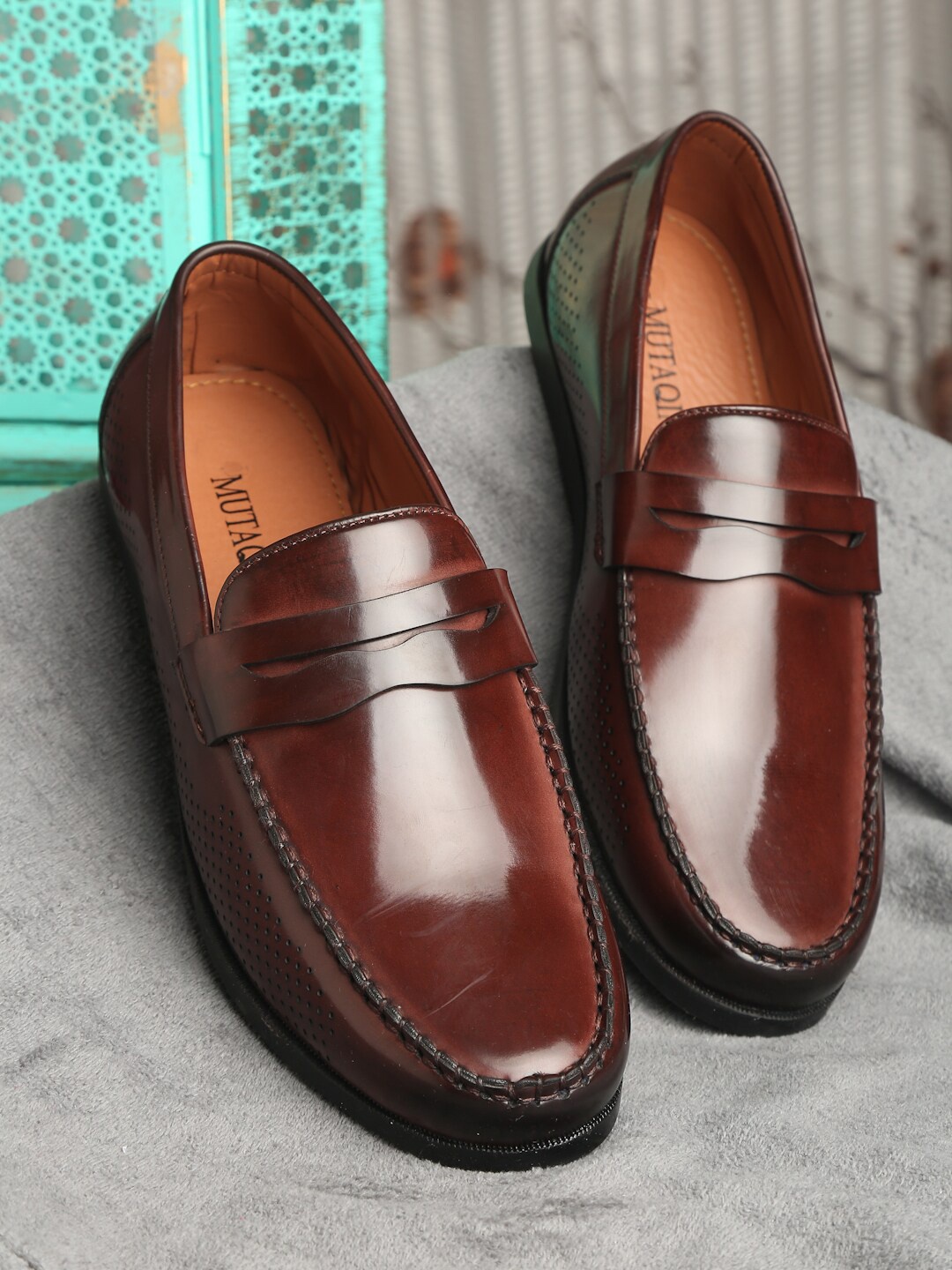 

MUTAQINOTI Men Perforations Patent Leather Round Toe Casual Loafers, Maroon
