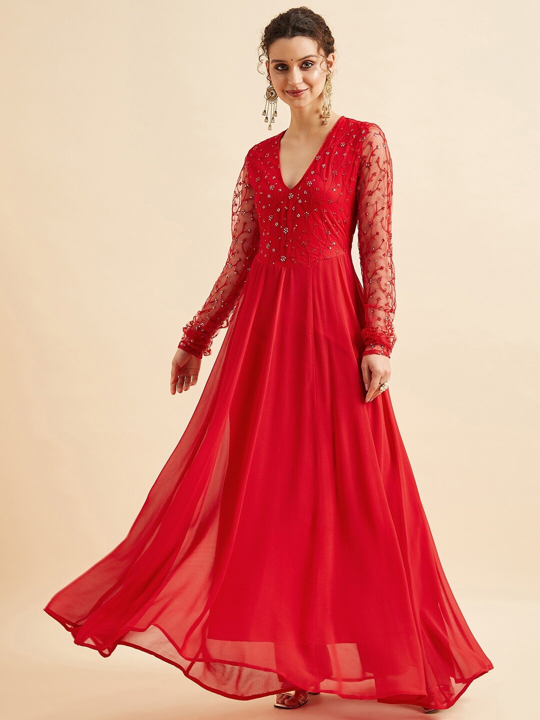 

PANIT Embroidered Sequinned Georgette Fit And Flare Ethnic Maxi Dress, Red