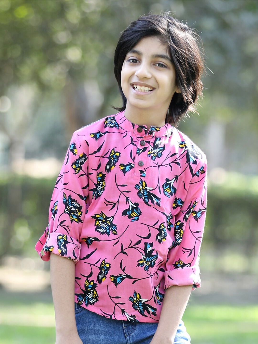 

Cutiekins Boys Band Collar Floral Printed Roll-Up Sleeves Shirt, Pink